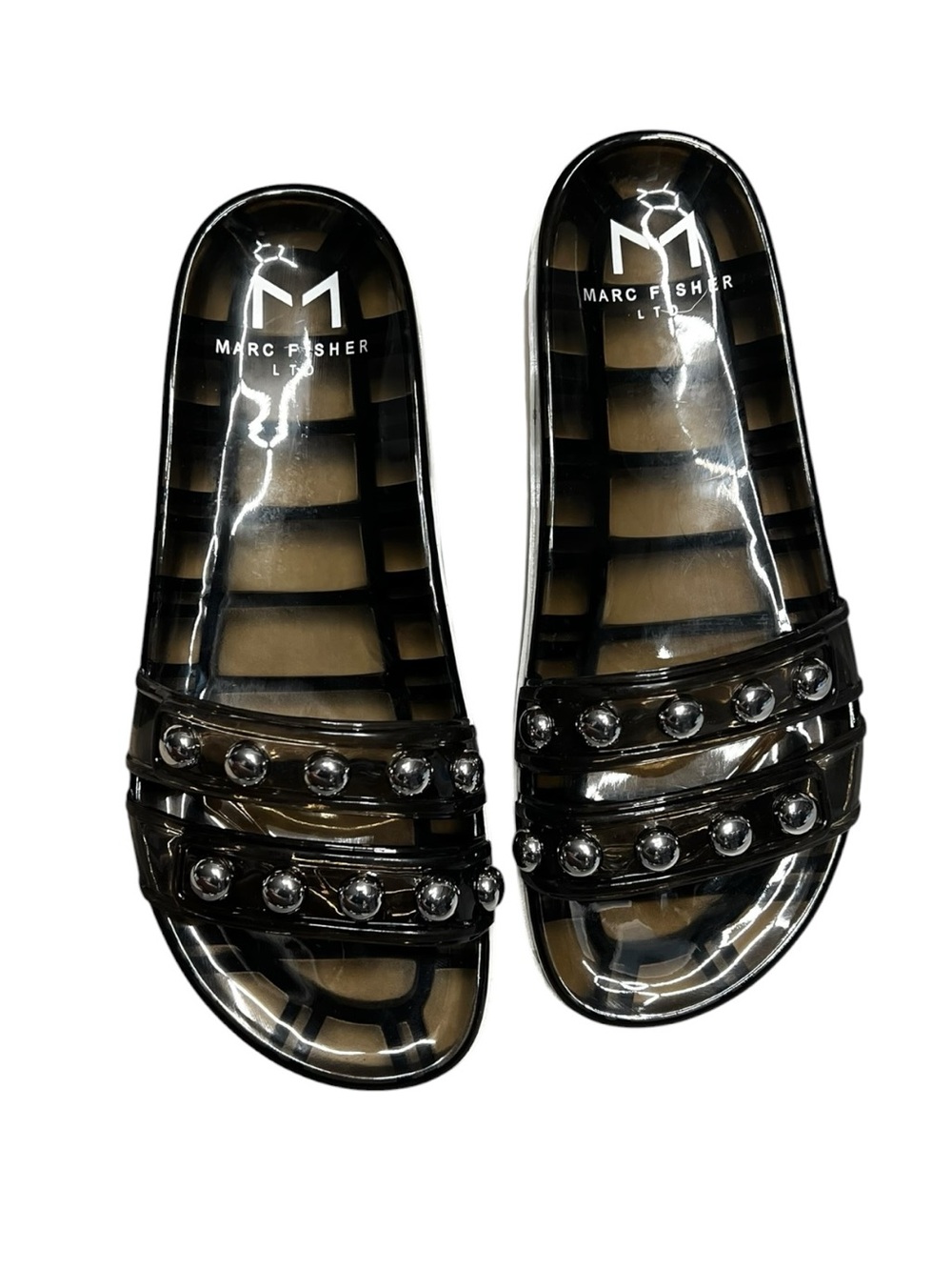 🌻NEW w/box Marc Fisher Clear Black Jelly Trent Studded Slide Sandals Size 8
